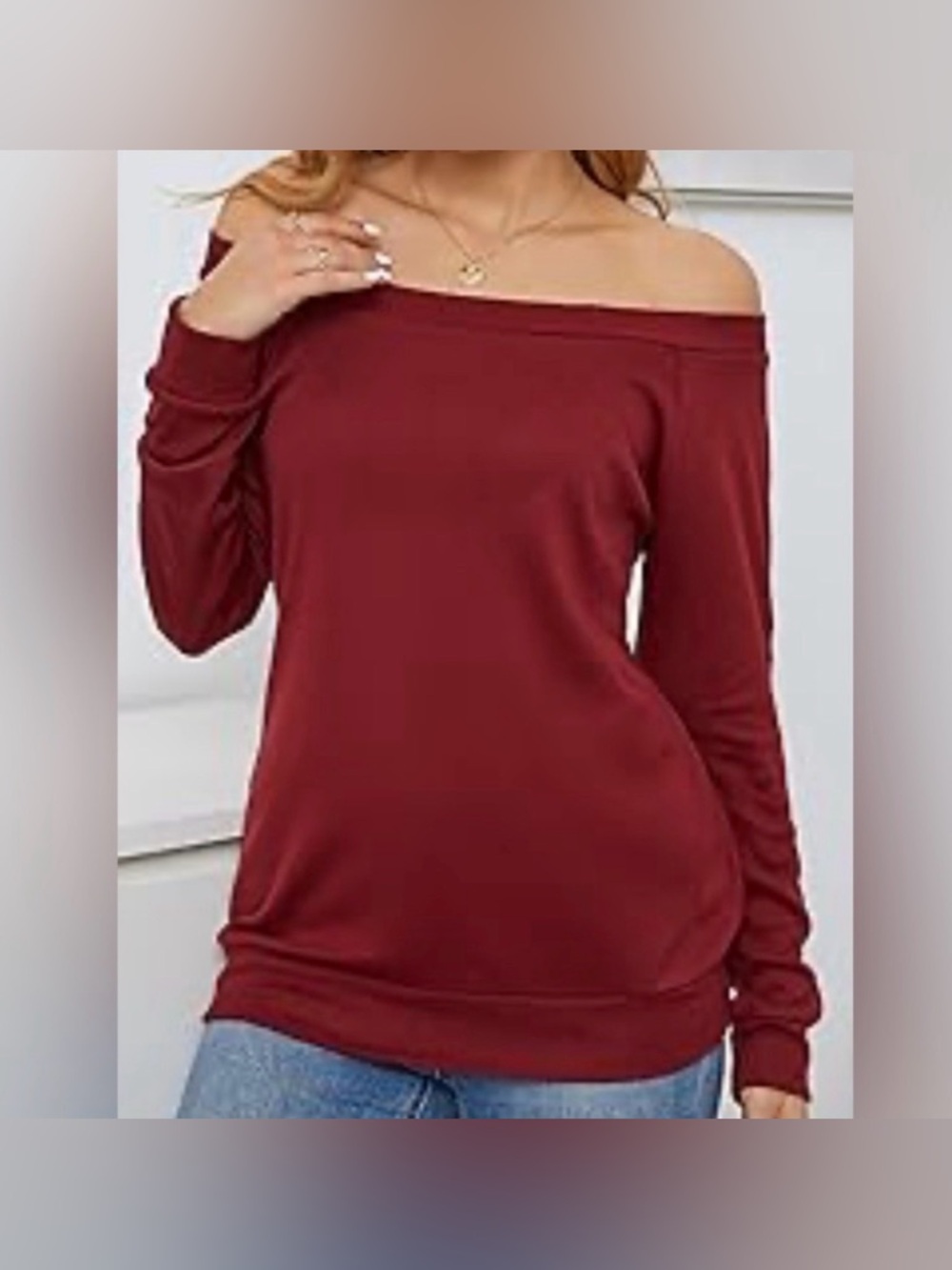 HALIFE size SMALL maroon, off the shoulder long sleeved pull on top.